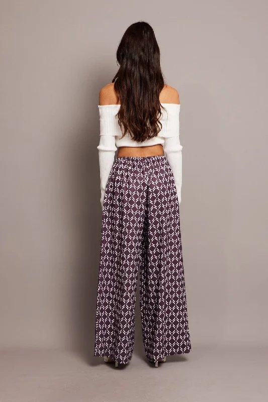 Brown Geo Wide Leg Pants High Rise