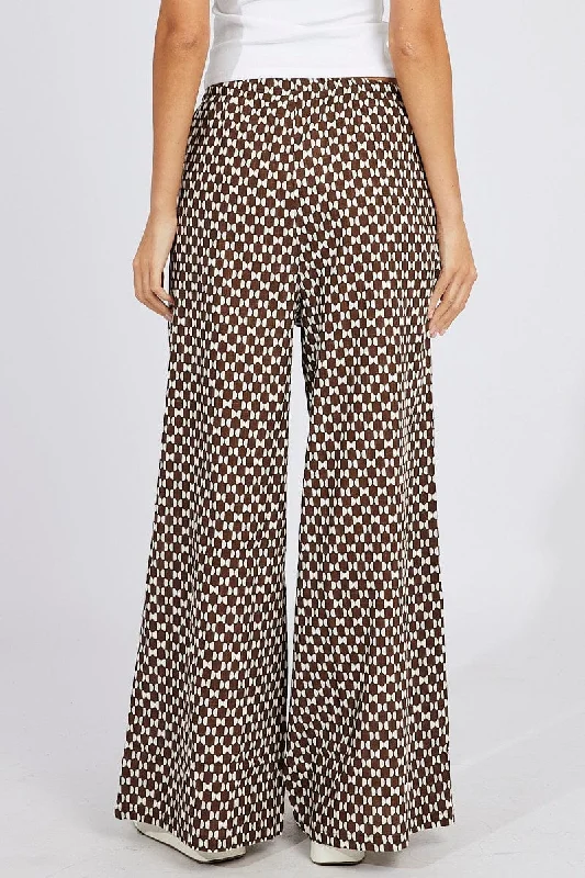 Brown Geo Wide Leg Pants High Rise