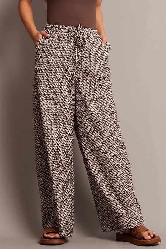 Brown Geo Wide Leg Pants High Rise