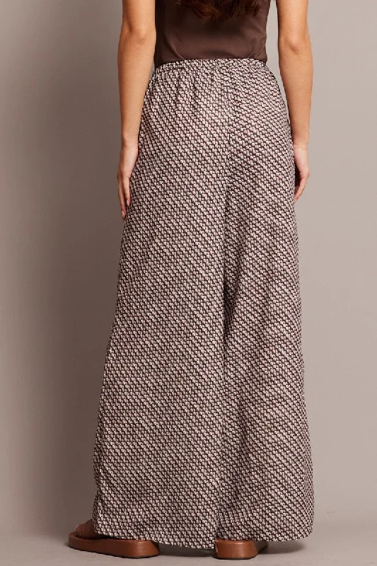 Brown Geo Wide Leg Pants High Rise