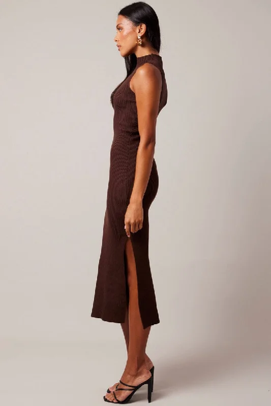 Brown Knit Dress High Neck Midi