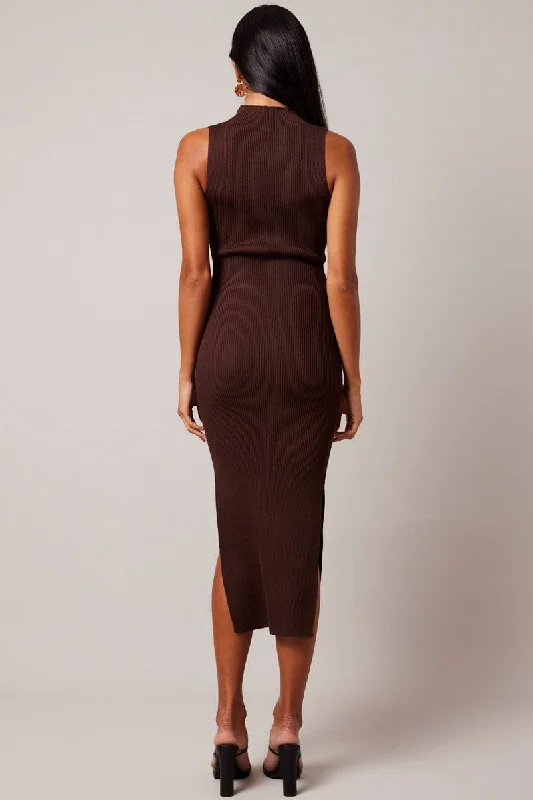 Brown Knit Dress High Neck Midi