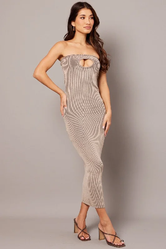 Brown Knit Dress Key Hole Front Bandeau Midi