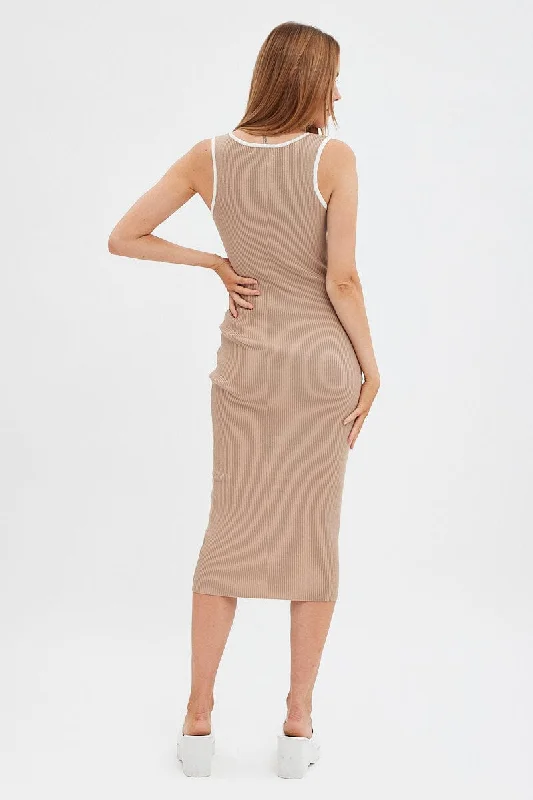 Brown Knit Dress Midi Square Neck Contrast Binding