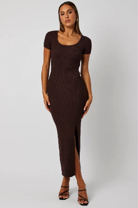 Brown Knit Dress Short Sleeve Bodycon Midi