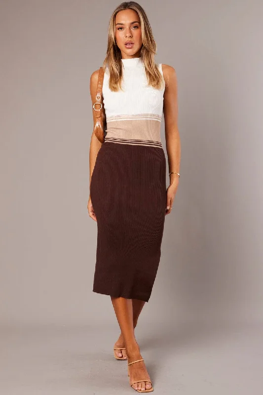 Brown Print Knit Dress Sleeveless Midi