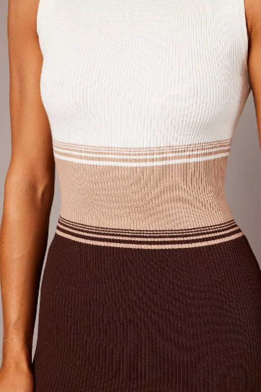 Brown Print Knit Dress Sleeveless Midi