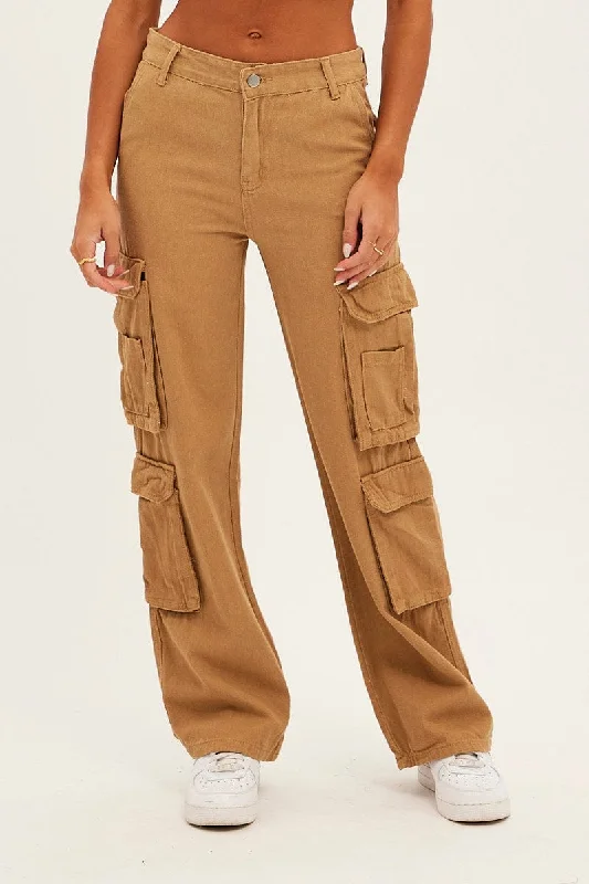 Brown Wide Leg Denim Cargo Pants