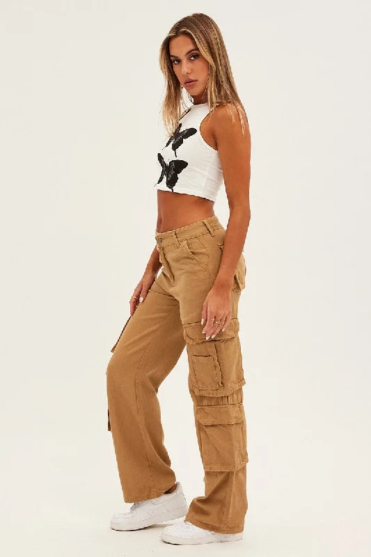 Brown Wide Leg Denim Cargo Pants