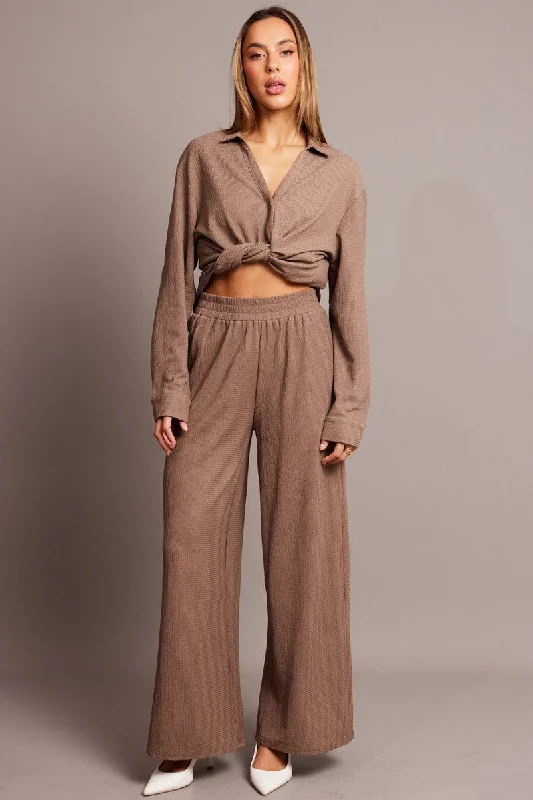 Brown Wide Leg Pants Elasticated Waist