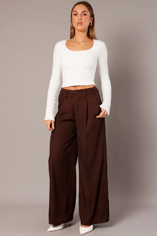 Brown Wide Leg Pants High Rise