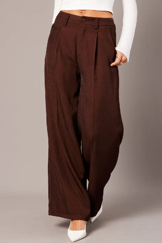 Brown Wide Leg Pants High Rise