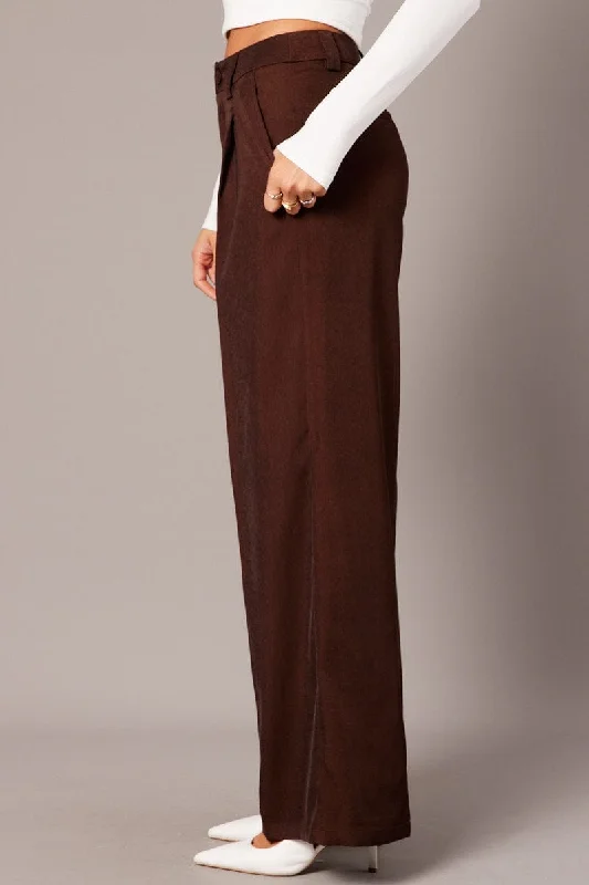 Brown Wide Leg Pants High Rise