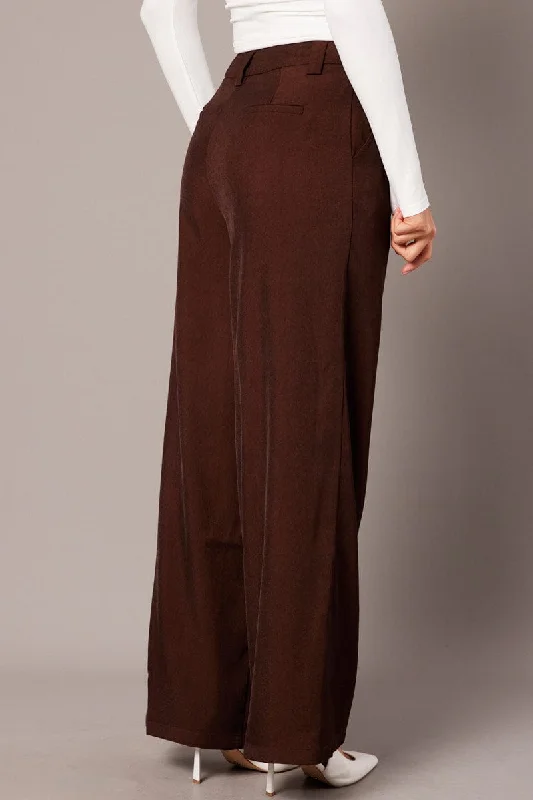 Brown Wide Leg Pants High Rise