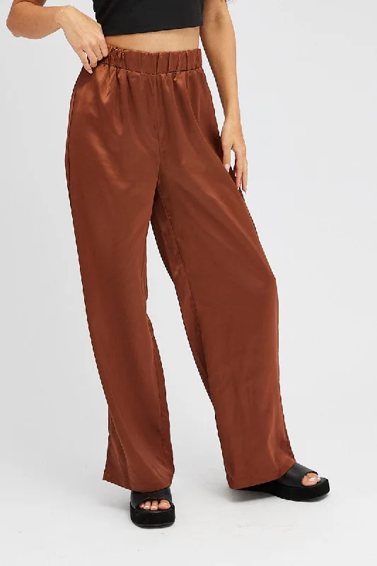 Brown Wide Leg Pants High Rise Satin