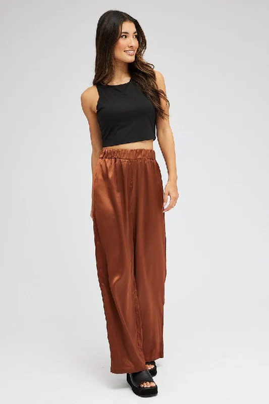 Brown Wide Leg Pants High Rise Satin