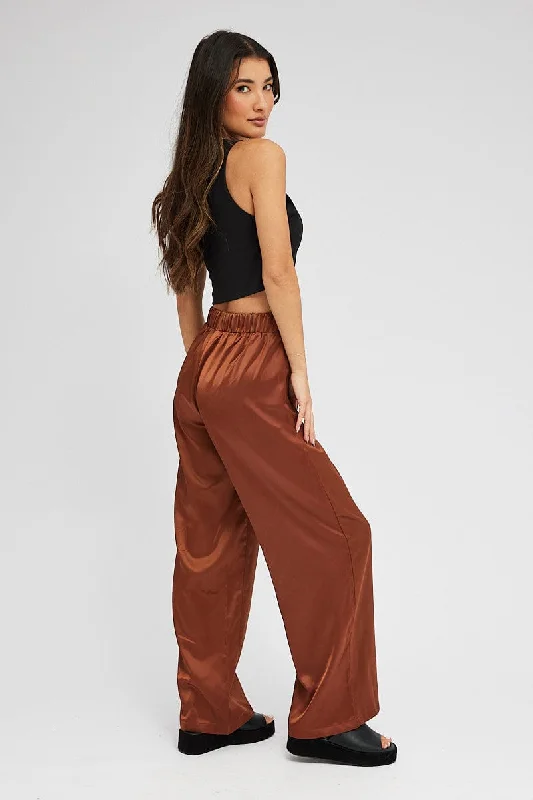 Brown Wide Leg Pants High Rise Satin