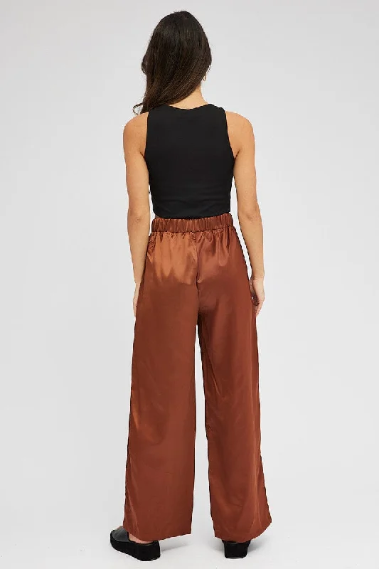 Brown Wide Leg Pants High Rise Satin