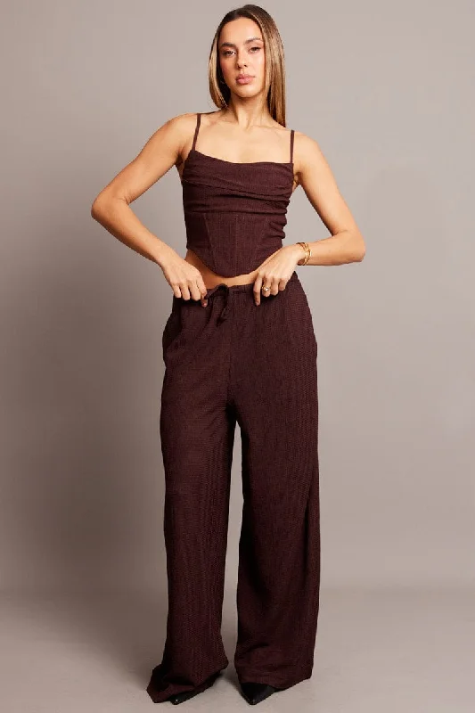 Brown Wide Leg Pants High Rise Textured Fabric