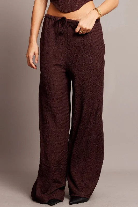 Brown Wide Leg Pants High Rise Textured Fabric