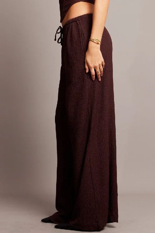 Brown Wide Leg Pants High Rise Textured Fabric