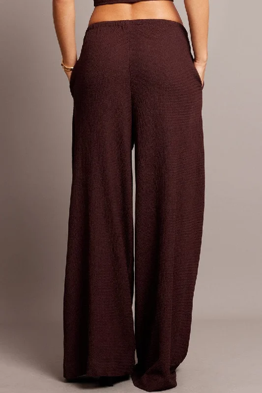 Brown Wide Leg Pants High Rise Textured Fabric