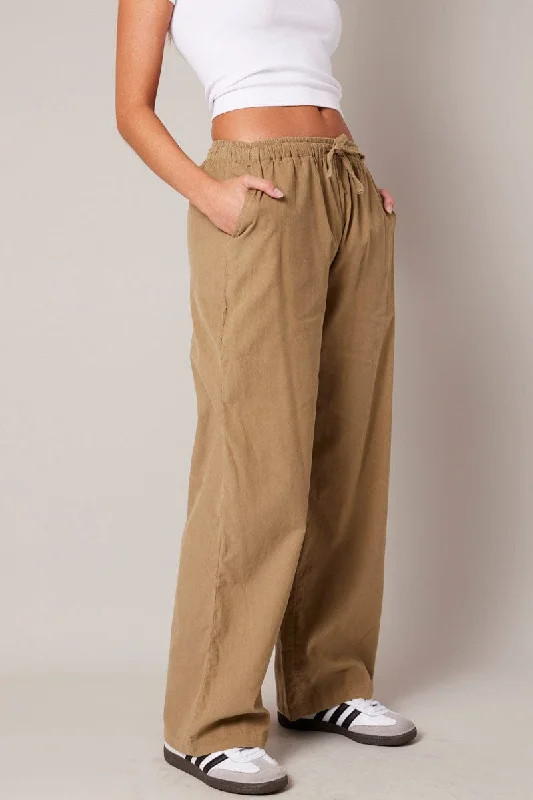 Brown Wide Leg Pants Micro Corduroy