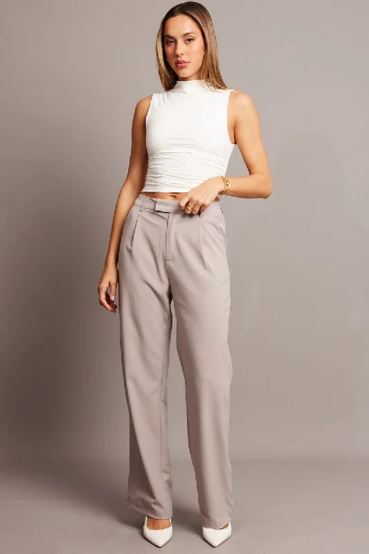 Brown Wide Leg Pants Mid Rise