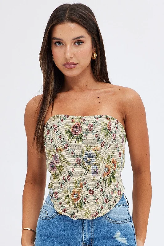 Camel Floral Corset Sleeveless Strapless Sweetheart Longline