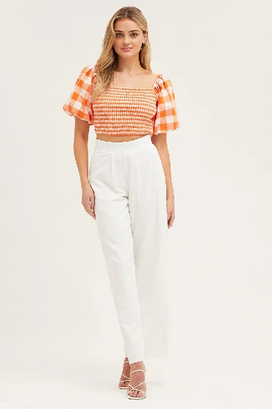 Check Gingham Half Sleeve Shirred Cropped Top