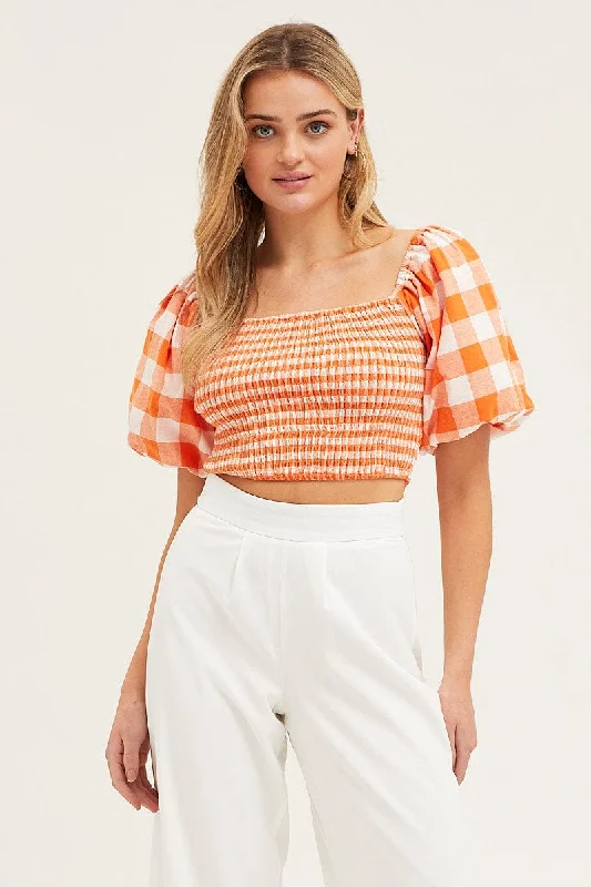 Check Gingham Half Sleeve Shirred Cropped Top