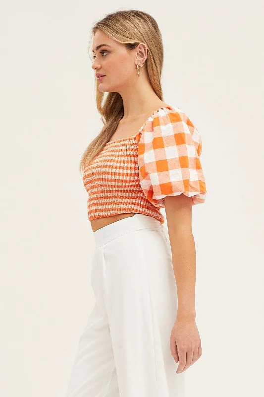 Check Gingham Half Sleeve Shirred Cropped Top