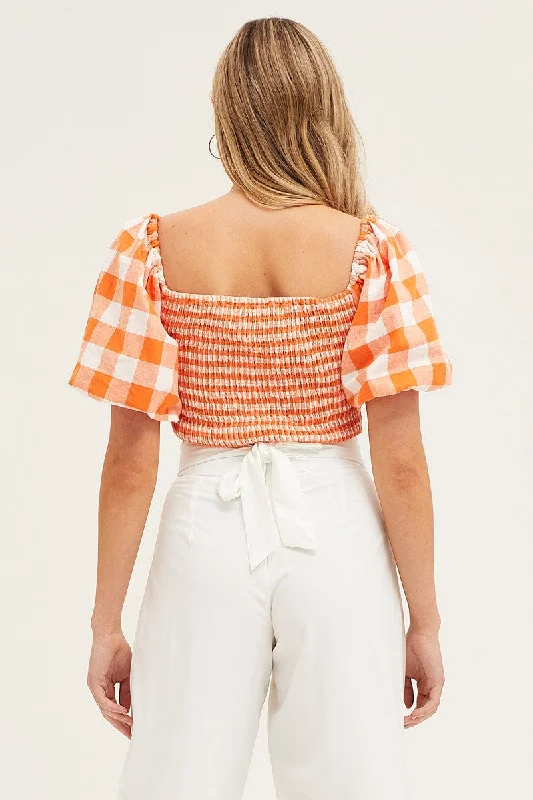 Check Gingham Half Sleeve Shirred Cropped Top