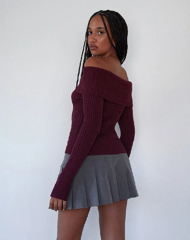 Circe Knitted Bardot Jumper in Burgundy