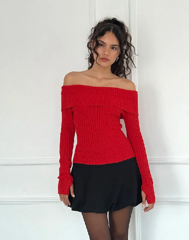 Circe Off-Shoulder Long Sleeve Knit To in Red