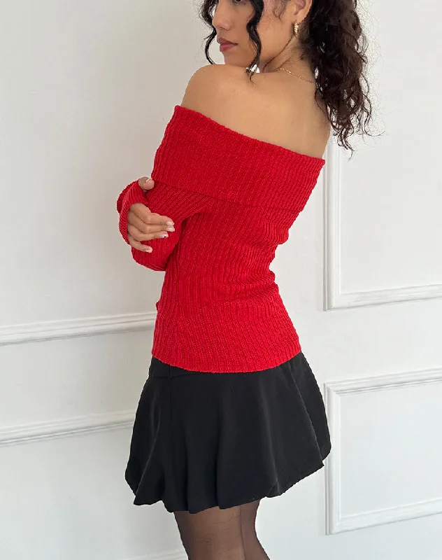 Circe Off-Shoulder Long Sleeve Knit To in Red