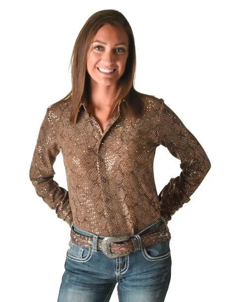 Cowgirl Tuff Womens Metallic Snakeskin Tan Polyester L/S Shirt