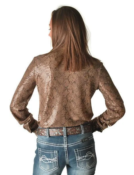 Cowgirl Tuff Womens Metallic Snakeskin Tan Polyester L/S Shirt