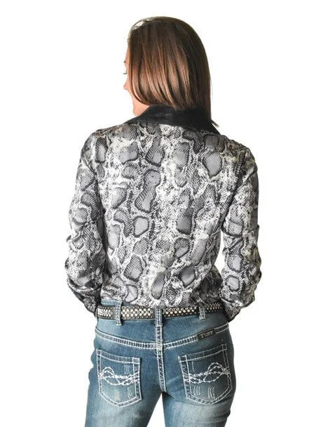 Cowgirl Tuff Womens Satin Snakeskin Black Polyester L/S Shirt