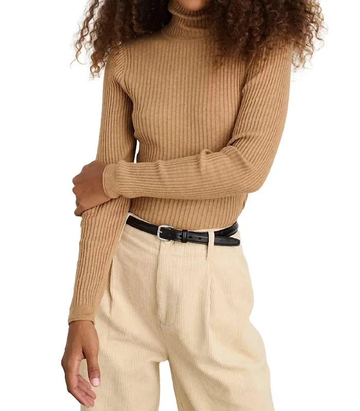 Cristy Ribbed Turtleneck Top In Camel