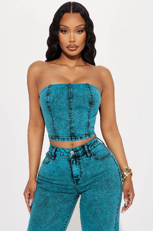 Cyan Stretch Strapless Denim Top - Teal