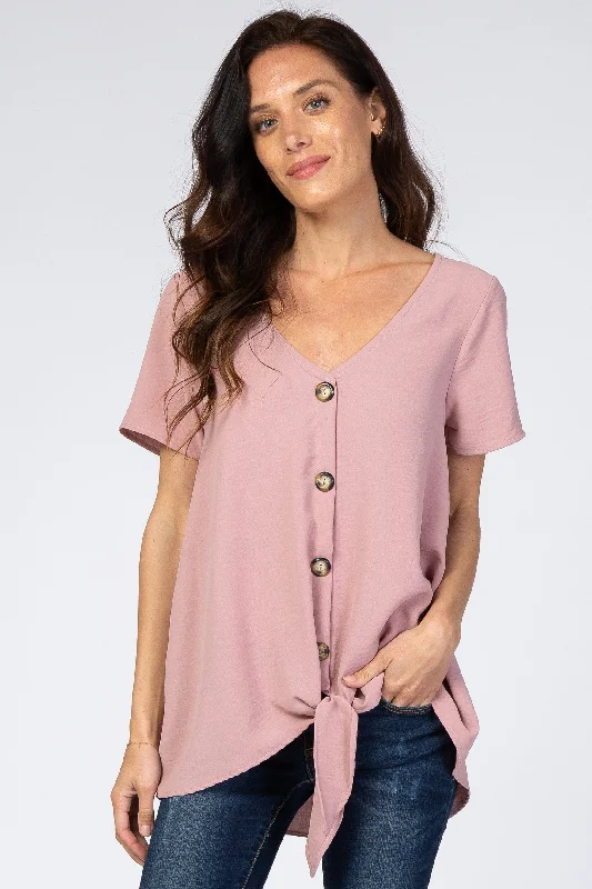 Dark Mauve Button Tie Front Top