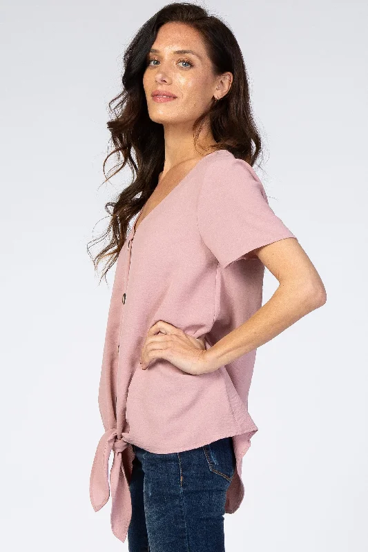 Dark Mauve Button Tie Front Top