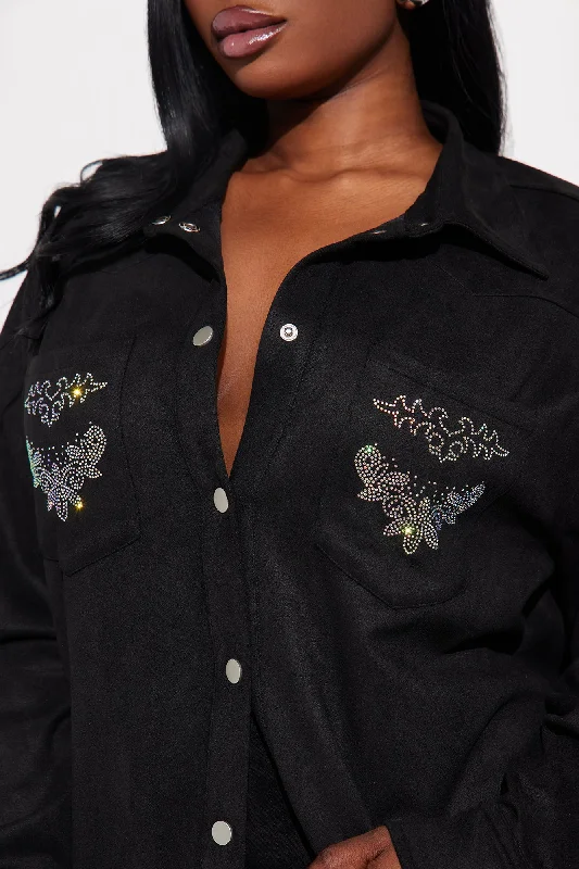 Dolly Embellished Faux Suede Shirt - Black