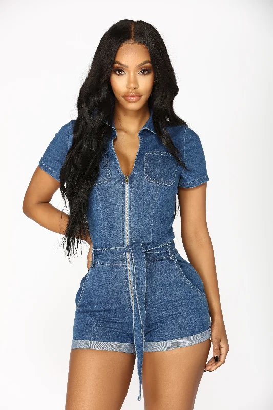 Down For You Denim Romper - Medium Wash