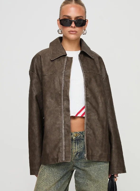 Faux Leather Collared Dad Jacket Washed Brown