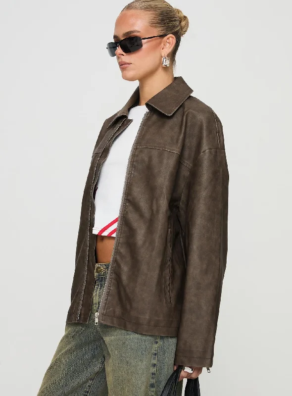 Faux Leather Collared Dad Jacket Washed Brown