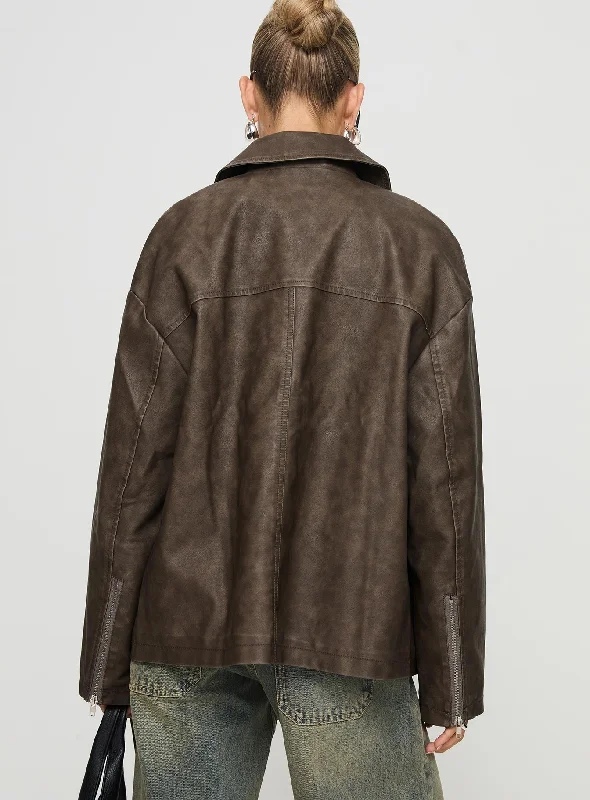 Faux Leather Collared Dad Jacket Washed Brown