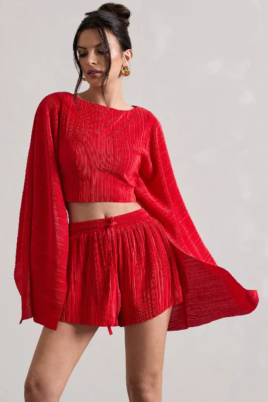 Flare | Red Plisse Cape Sleeve Crop Top