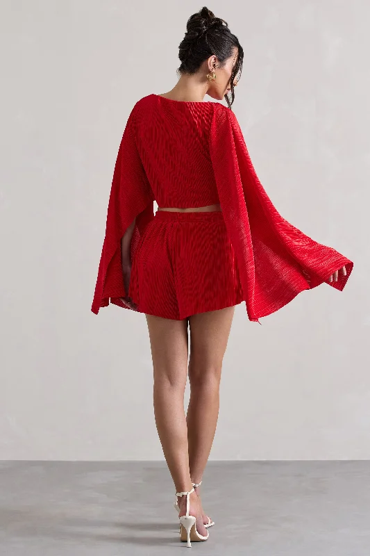 Flare | Red Plisse Cape Sleeve Crop Top